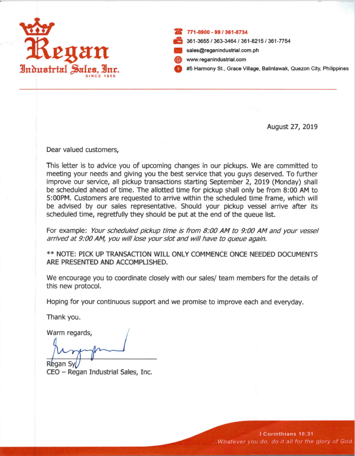 Regan announcement regarding pickup schedule