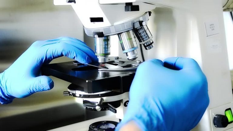 medical professional using a microscope