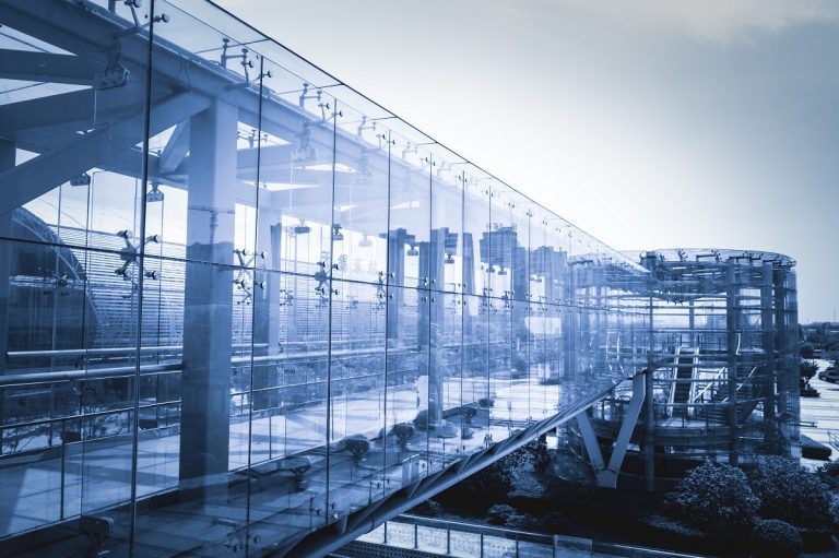 steel bridge between buildings