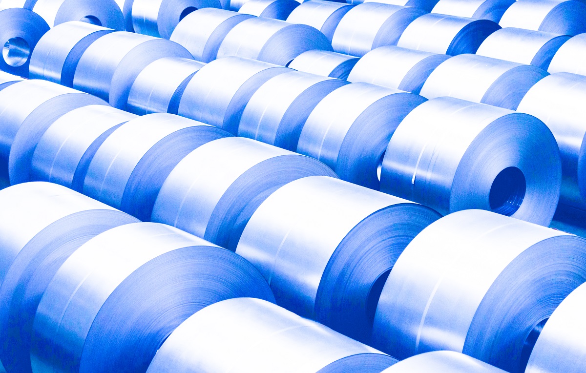 Cold rolled steel coil at storage area in steel industry plant.