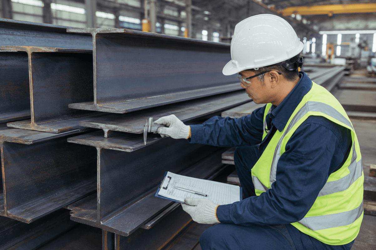 Quality inspection of structural steel I-beams to verify dimensions and compliance with industry standards.