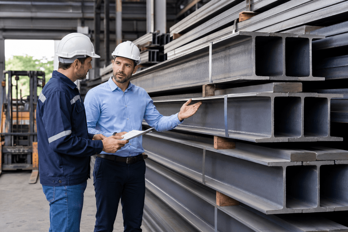 Steel supplier and engineer reviewing structural steel beam specifications for a construction project.