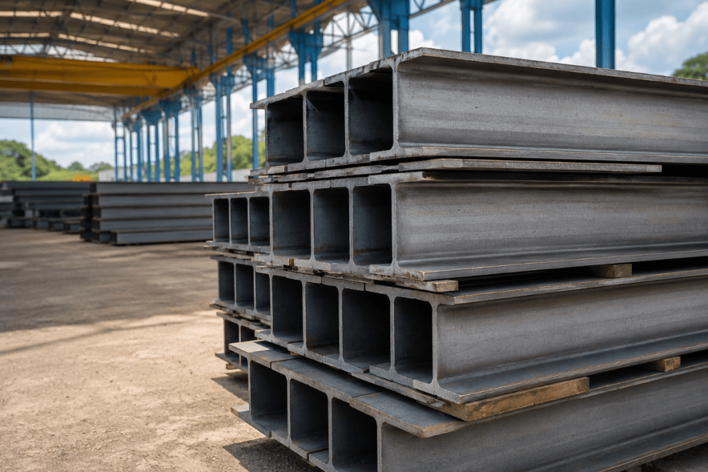 Stacked structural steel I-beams in a fabrication yard ready for commercial and industrial construction applications.