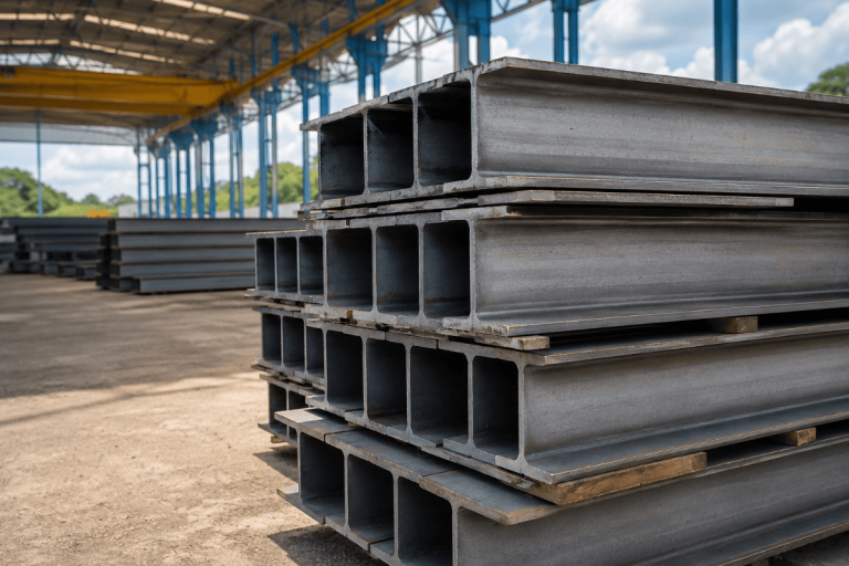 Stacked structural steel I-beams in a fabrication yard ready for commercial and industrial construction applications.