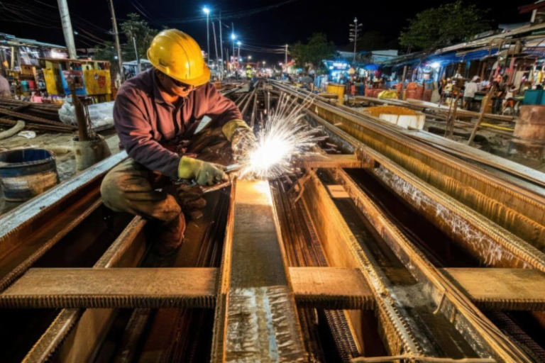 Welder fabricating steel components, demonstrating precision metalwork and industrial steel manufacturing processes.