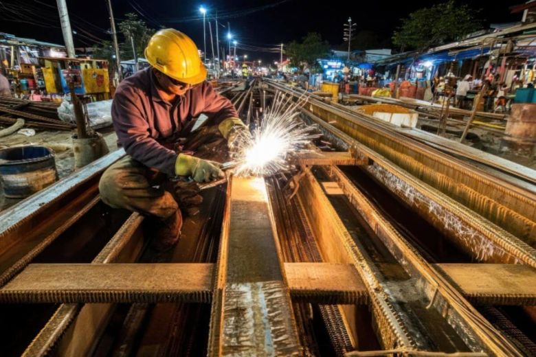 Welder fabricating steel components, demonstrating precision metalwork and industrial steel manufacturing processes.