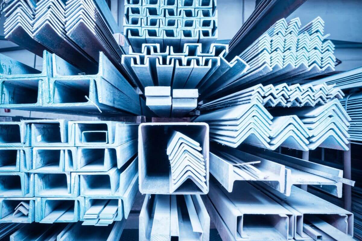 Stacks of steel channels, angle bars, and structural sections used for seismic-resistant construction projects.