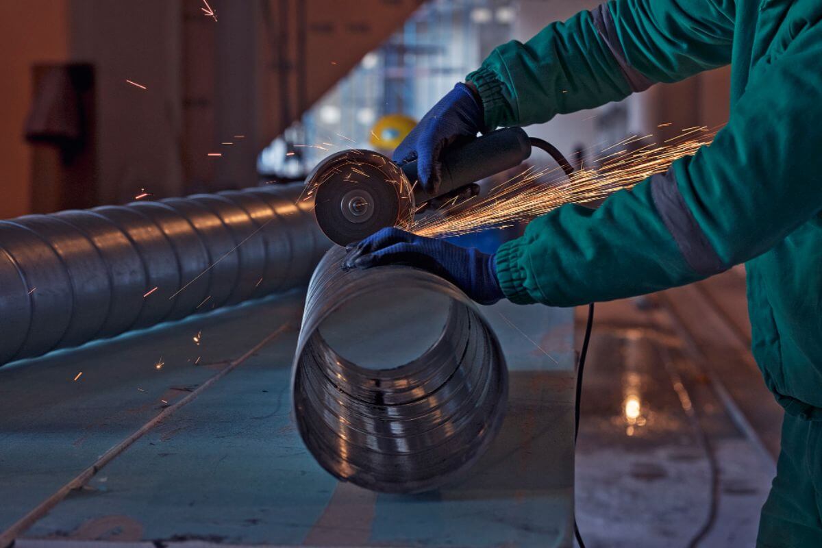 Worker cutting a steel material with sparks during fabrication for industrial construction applications