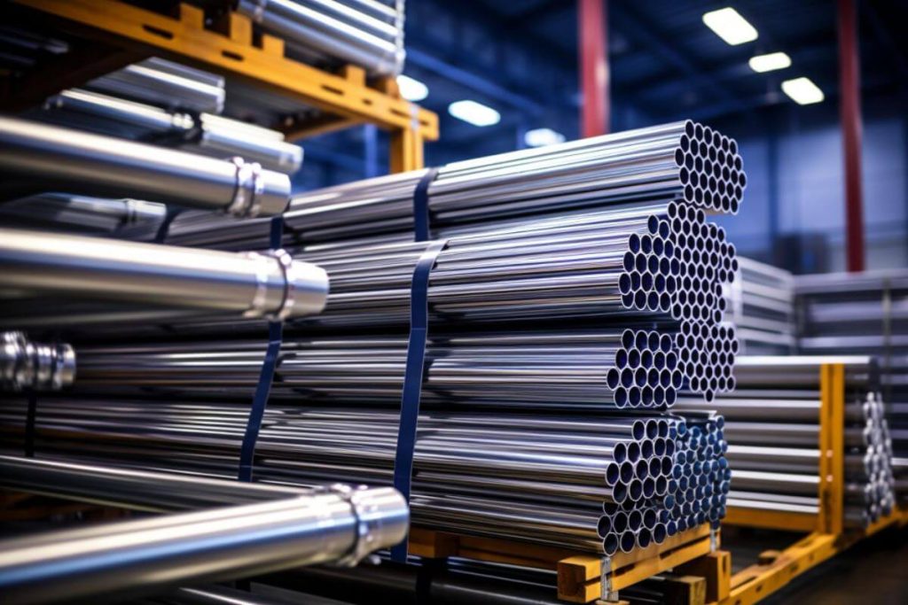 Bundled steel pipes and metal tubes stored in a warehouse for structural and industrial construction use