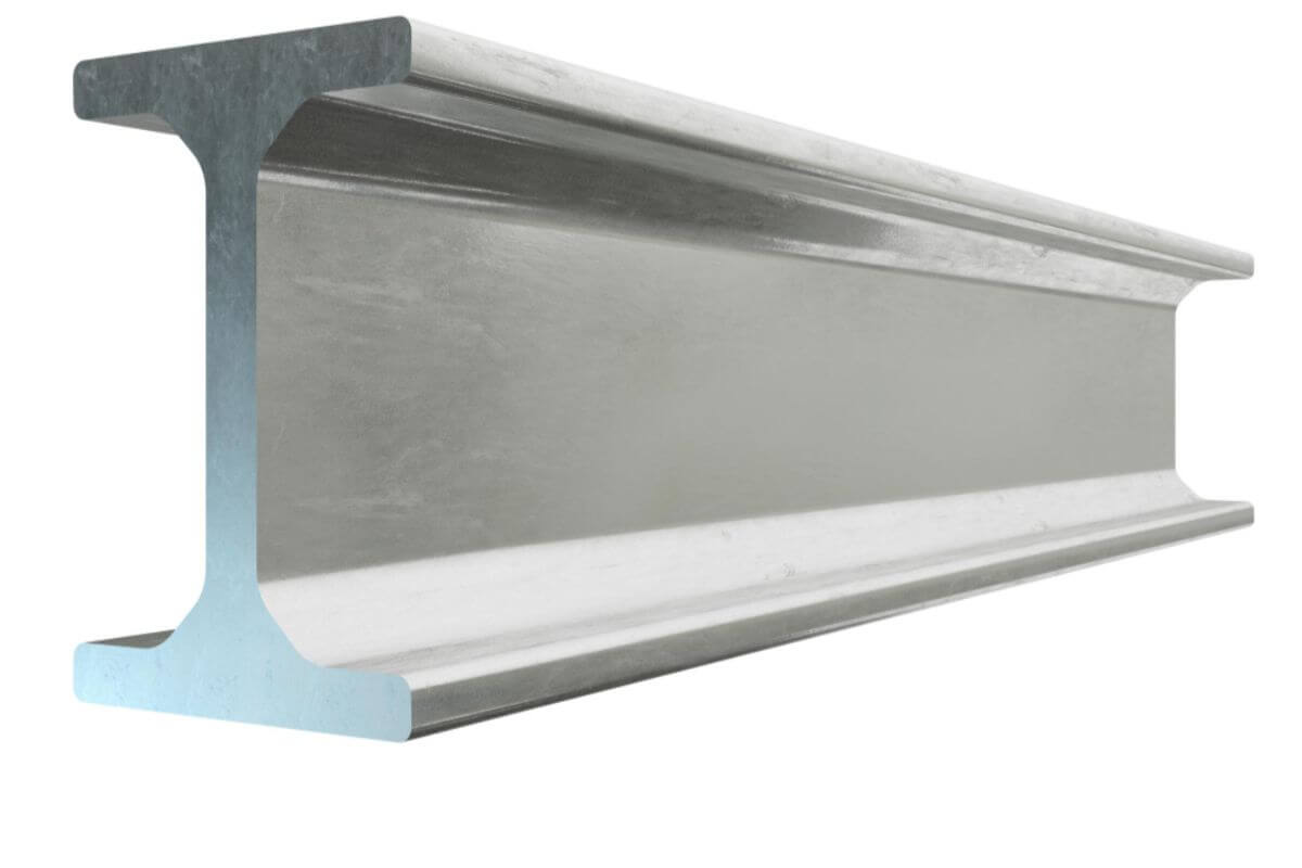 Close-up of an I-beam steel section showing its narrow web and flanges for structural framing applications