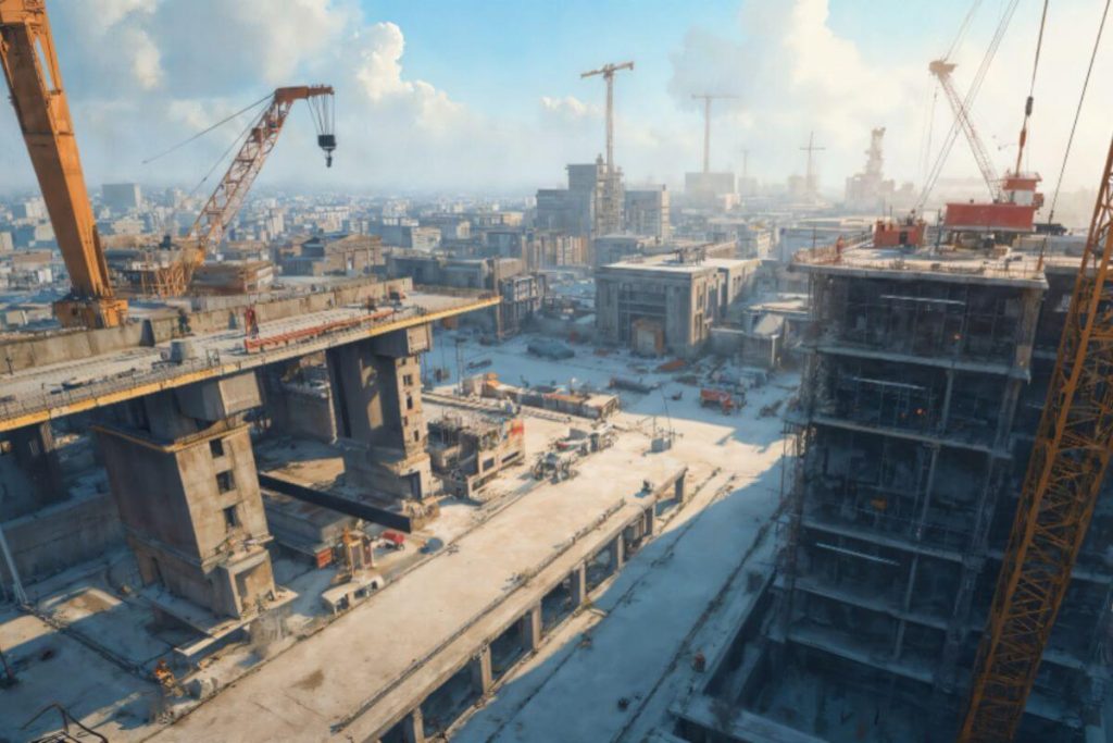 Large construction site with cranes and building frames using structural steel for major development projects.