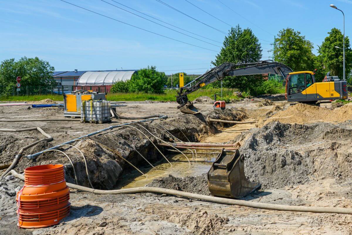 Excavator working on a deep construction excavation site with pipes, soil, and drainage materials for infrastructure works
