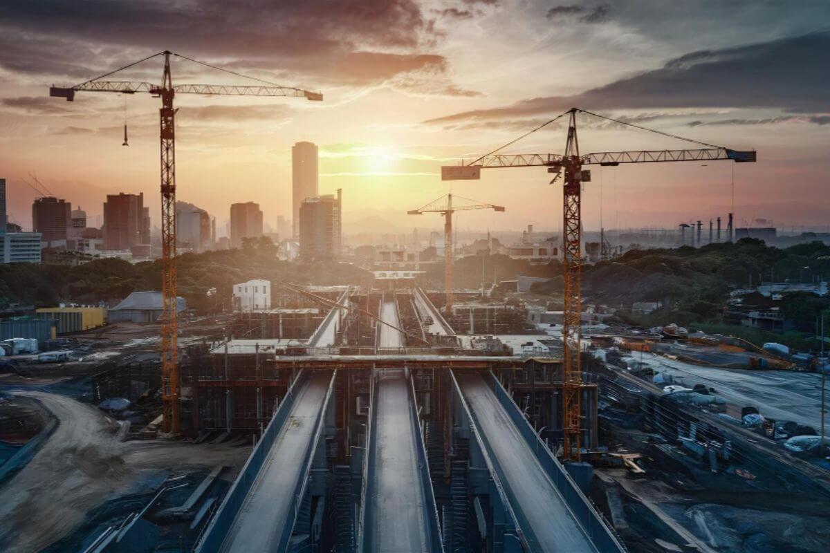 Large cranes operating at a major infrastructure construction site during sunset in an urban development area