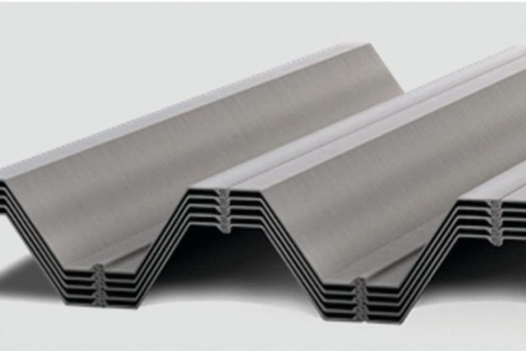 Close-up of interlocking MHZ sheet piles used for flood protection, retaining walls, and infrastructure projects.