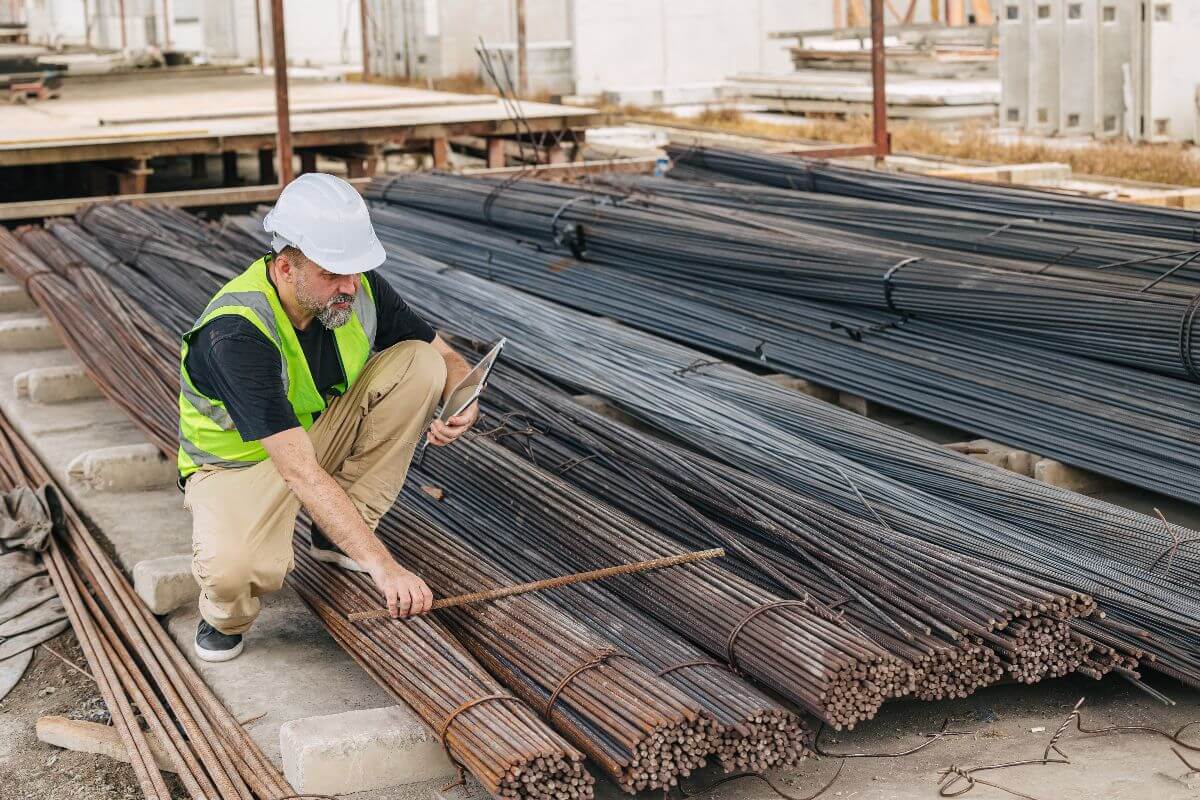 Engineer inspecting bundled deformed round bars at a construction material storage area