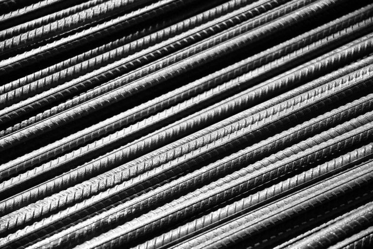 Close-up view of ribbed deformed round bars used for concrete reinforcement