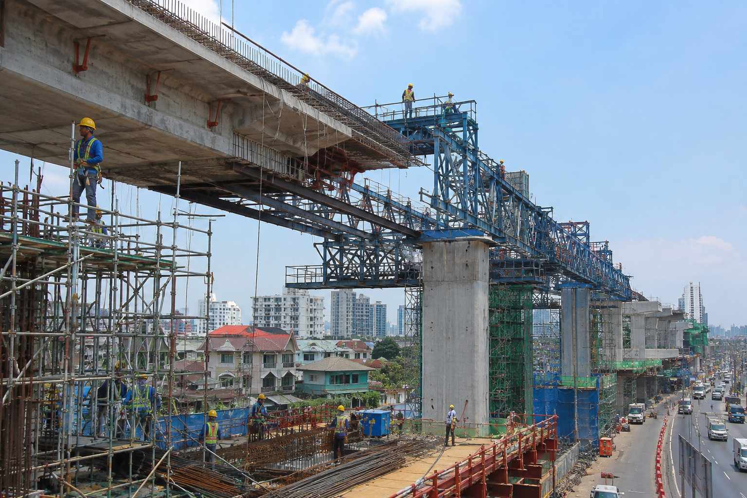 Workers building elevated infrastructure using steel and concrete components