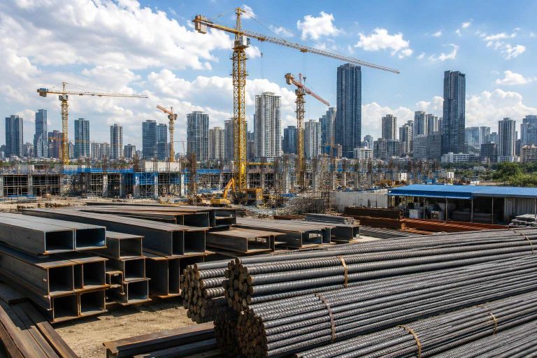 Steel materials stored near a city construction site with cranes and high-rise buildings