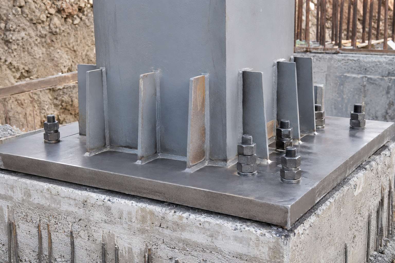 Custom steel base plates installed on a concrete foundation for heavy structural columns