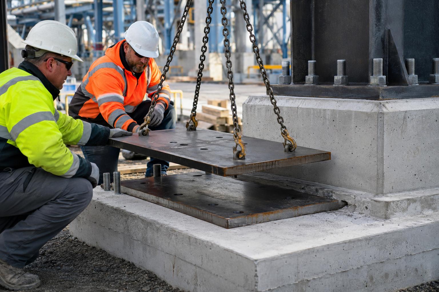 Workers positioning a custom steel plate onto a concrete foundation using lifting chains