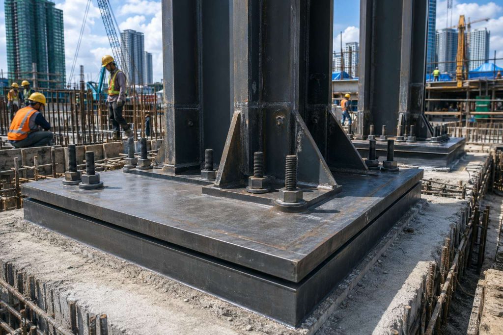 Close-up of steel column base plate with anchor bolts on a reinforced concrete foundation