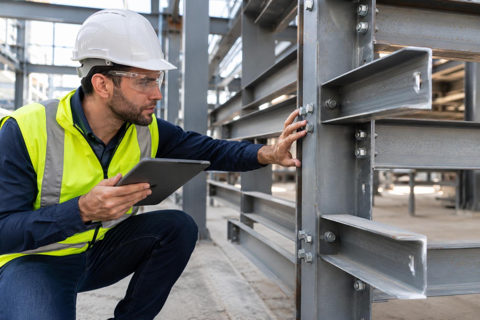 Engineer inspecting bolted channel bar connections in a steel frame structure