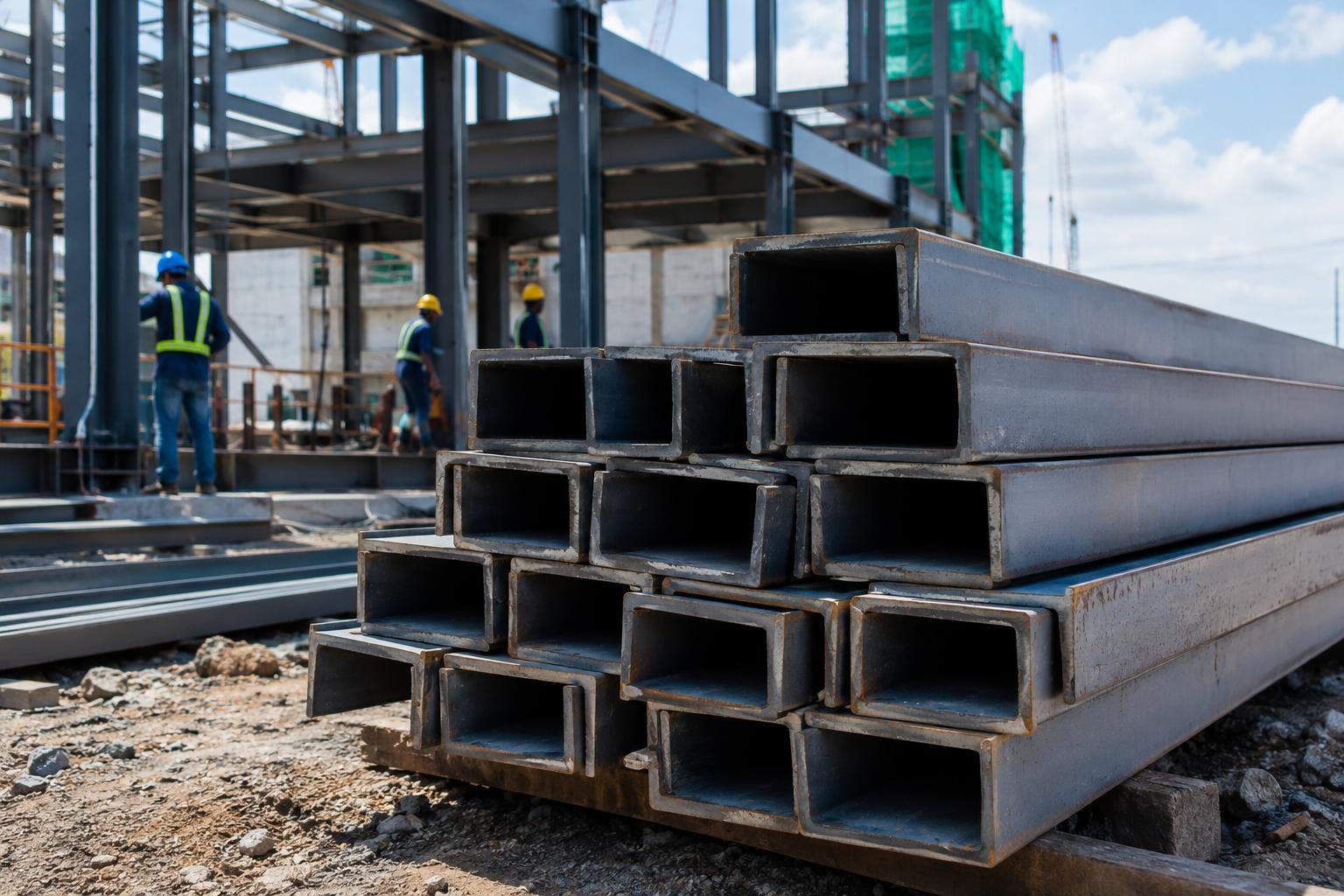 Channel bars arranged near a steel structure under construction