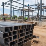 Stacked channel bars at a construction site with steel framing work in the background