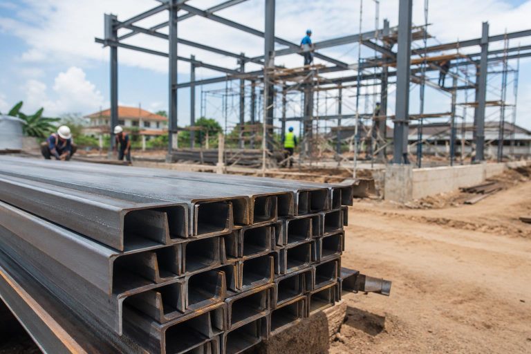 Stacked channel bars at a construction site with steel framing work in the background