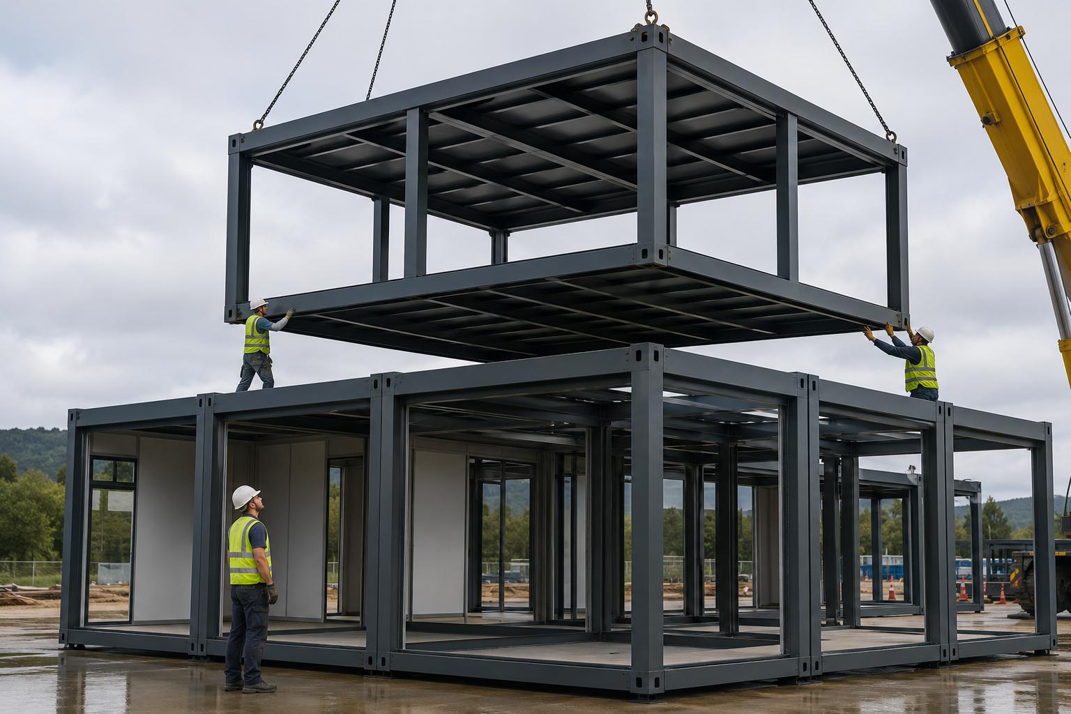 Workers installing modular steel frames using square tubes for prefabricated building construction