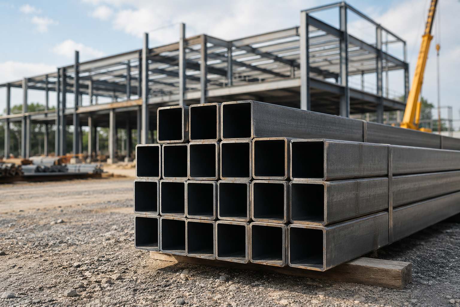 Stacked square steel tubes at a construction site with structural framing in the background