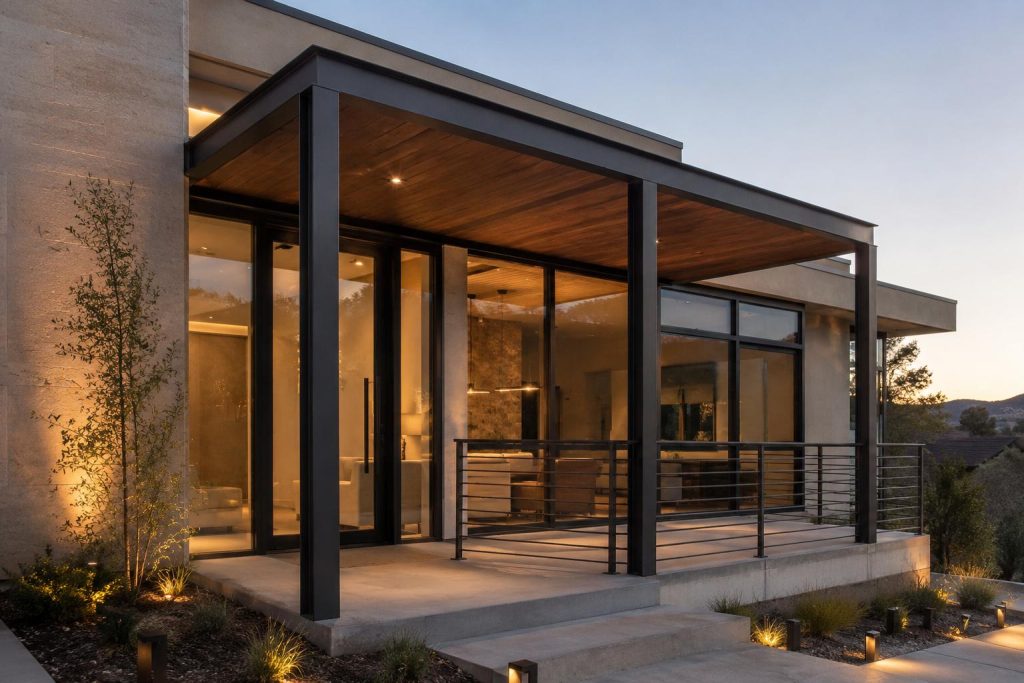 Modern home exterior with exposed black square tube framing, glass walls, and steel canopy design